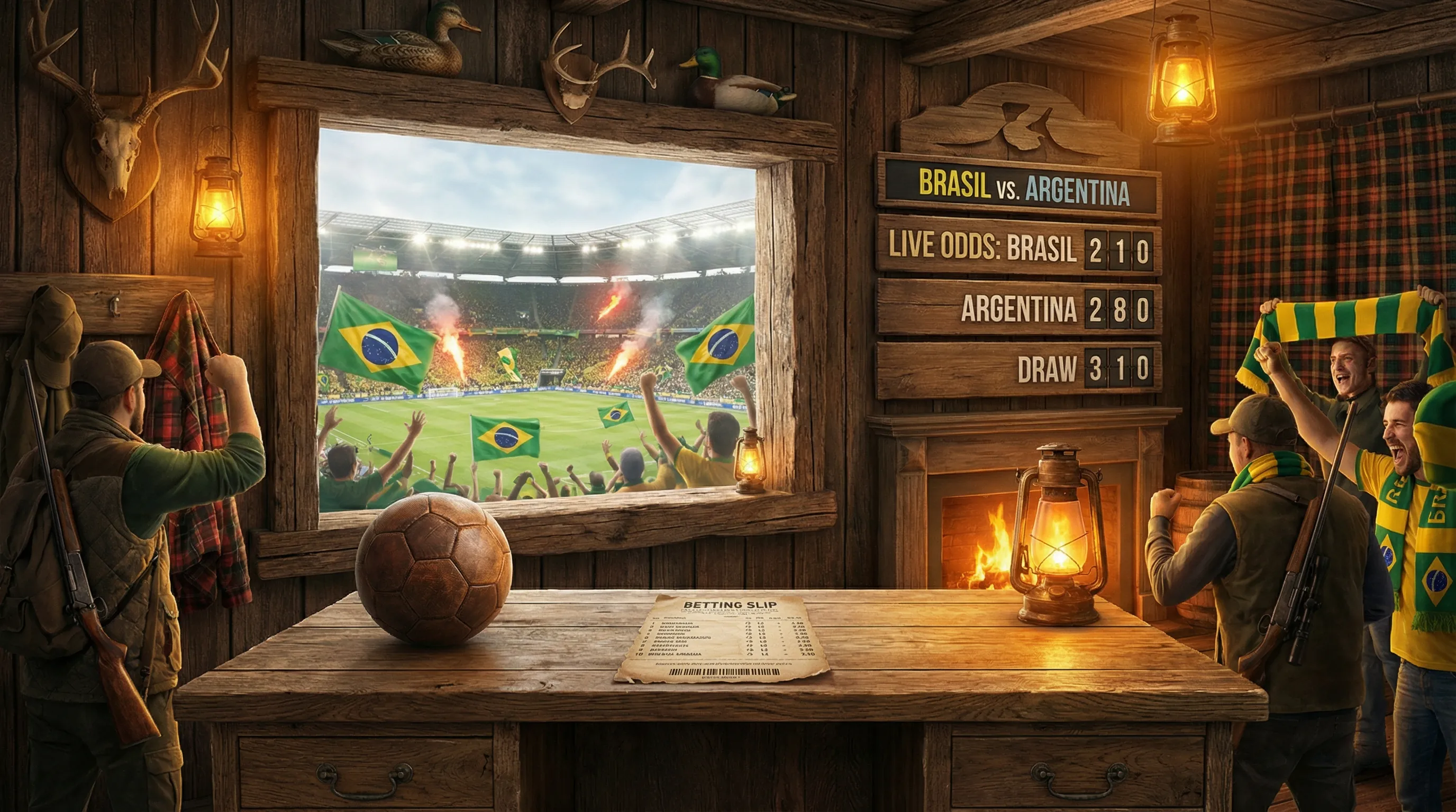 Apostas esportivas em ambiente de lodge com tela de futebol